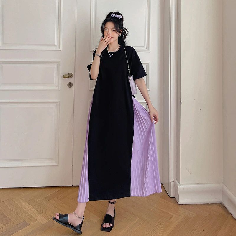 夏新作/ゆったり大きいサイズファッションドッキングプリーツ切り替えレディースフェイクレイヤード半袖ワンピース