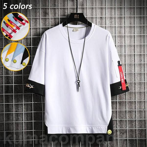 夏 夏物 ビッグシルエット クルーネック 丸首 レイヤード風 重ね着風 五分袖 半袖 半袖Tシャツ Tシャツ 半袖 メンズ tシャツ