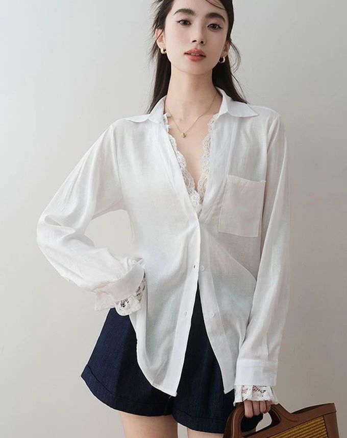 大人 オフィス 通勤 きれいめ ゆったり レース袖口 長袖シャツ フェイクレイヤード レース切り替え レディース ブラウス