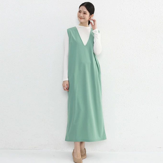 ロング丈 マキシ丈 深Vネック スリット シンプル ース ワンピ ノースリーブ Vネック レディース ワンピース