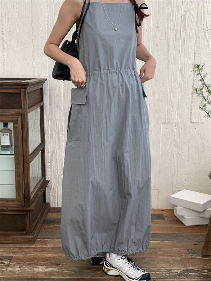 体型カバー 大きいサイズ シンプル 無地 ノースリーブワンピース ミモレワンピース レディース