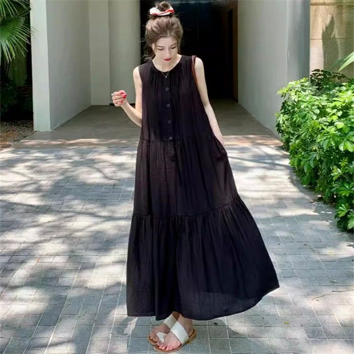 レディース ロング ワンピース 春 夏 リゾート ワンピース ノースリーブ ロング丈 大きいサイズ 体型カバー ゆったり 着痩せ