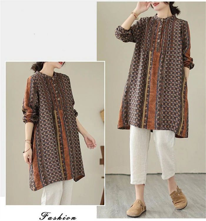 花柄 レディース ロングシャツ 配色 長袖 プルオーバー バンドカラー 綿麻風チュニックワンピース トップス コットン