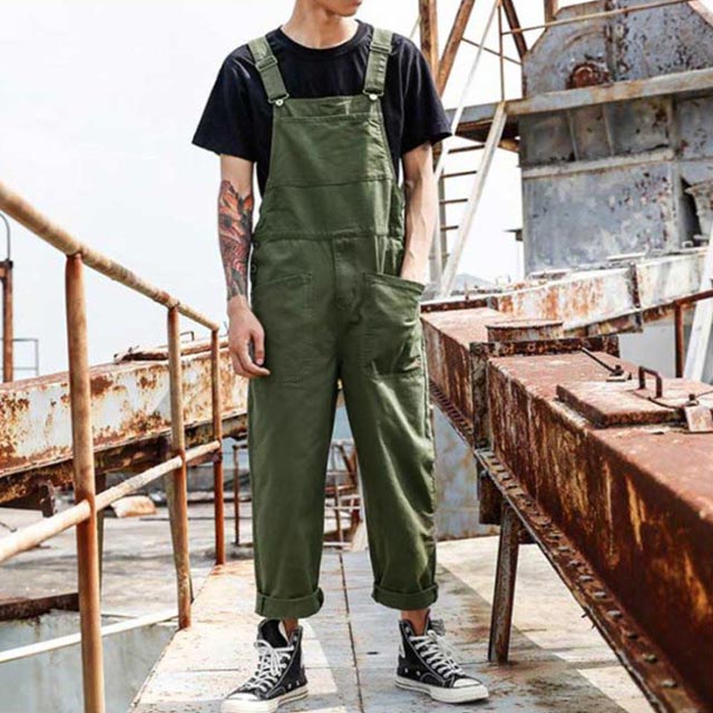 メンズ サロペット 薄手 作業着 綿 ゆったり カーゴパンツ サイドボタン カジュアル レディース オールインワン カーキ