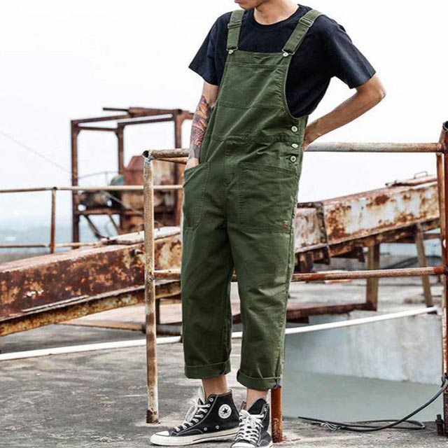 メンズ サロペット 薄手 作業着 綿 ゆったり カーゴパンツ サイドボタン カジュアル レディース オールインワン カーキ