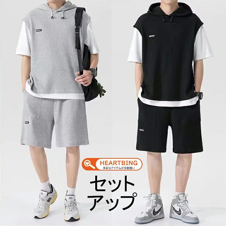 メンズ パーカー フード付き 半袖 着重ね スウェット 薄手 夏用 ハーフパンツ 接触冷感 ルームウェア 部屋着 カジュアル