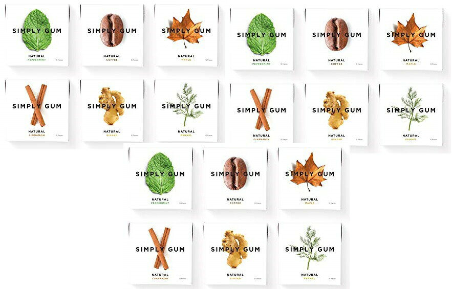 「お得な3セット(6箱入り×3)」Simply Gum 社バラエティーパック-ペパーミント、シナモン、ジンジャー、フェンネル、メープル、コーヒー