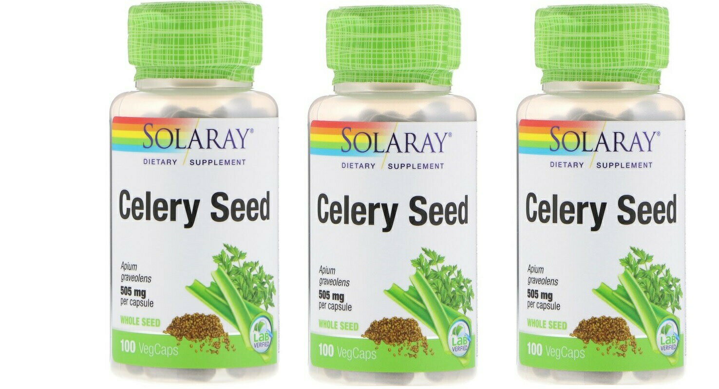 「お得な3本セット」Solaray社セロリの種のサプリメント1粒あたり505mg配合植物性カプセル100個 入り×3本