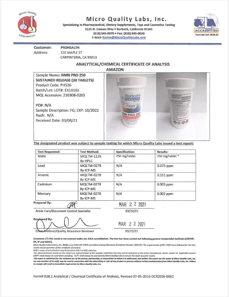 ProHealth社 NMN250mg配合30粒入り