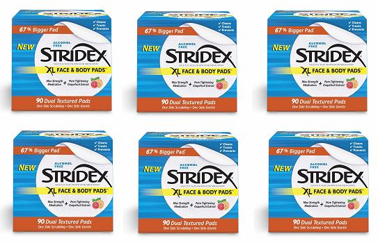 「お得な6個セット」STRIDEX アルコールフリー フェイス ボディ パッド 90枚×12個 ニキビパッドよりも 67%も大きいXLサイズ グレープフルーツエキス配合