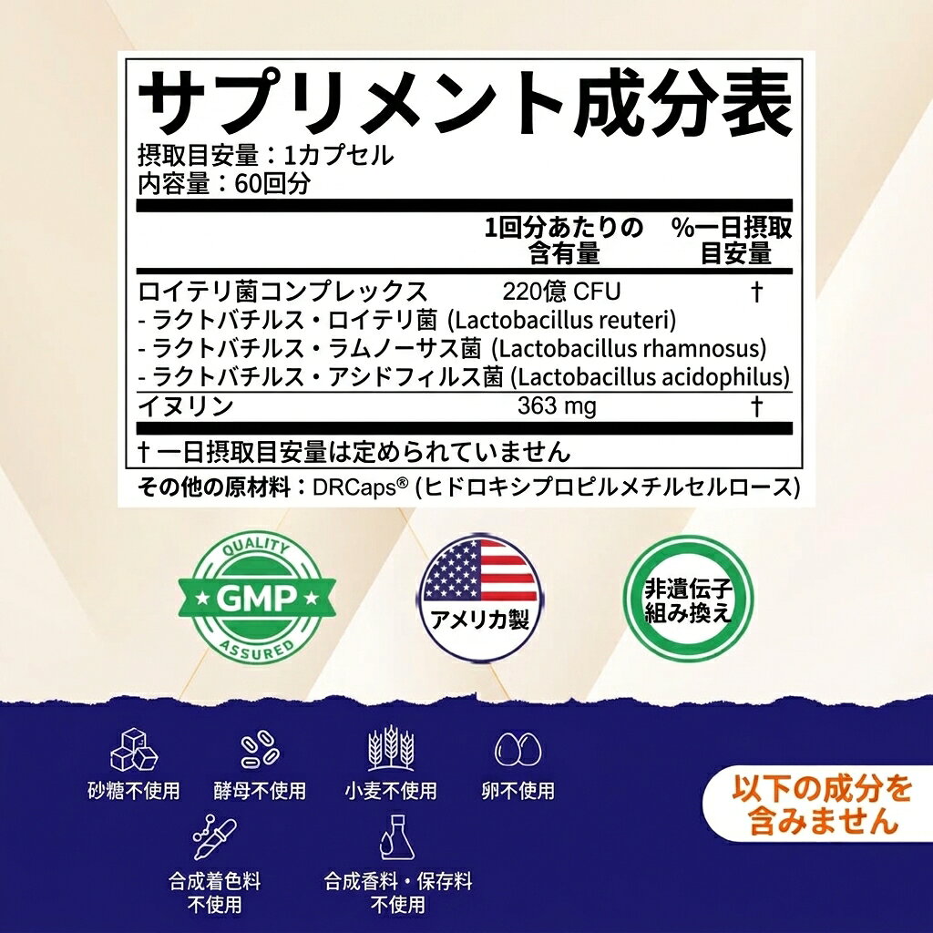 【ロイテリ菌他220億個配合・60日分】ラクトバチルス ロイテリと ラクトバチルス ラムノースス と ラクトバチルス アシドフィルスまとめて1粒に220億個とイヌリン 289mgが配合 60粒入り 乳酸菌 サプリメント 280syuu-10003974 Hinako サンプル画像2