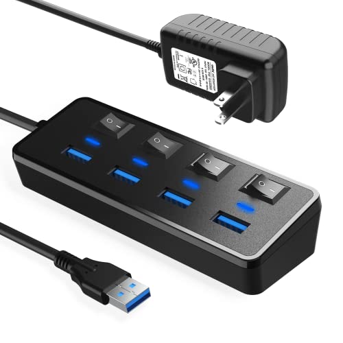 USB3.0ハブ 電源付き JESWO USB ハブ 4ポート USB 3.0 ハブ セルフパワー/バスパワー 5Gbps高速データ伝送 USB Hub USB3.0 拡張 独立スイッチ付き 5V/2A ACアダプタ付き Android、Windows、MacBook Air/Pro、Mac、Surface Pro等システムとノートPC対応