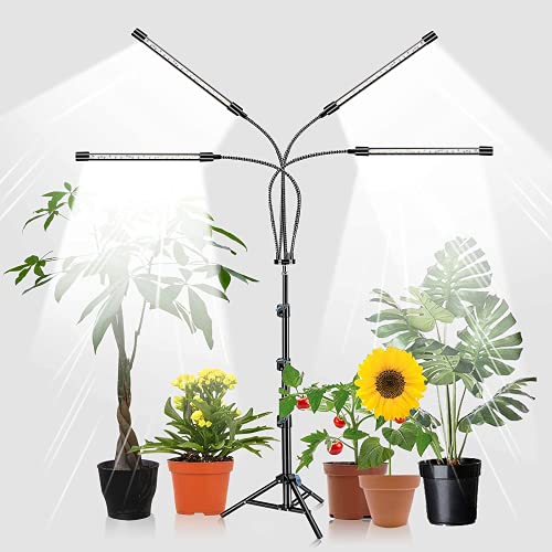 LED植物育成ライト スタンド付き4ヘッドプラントライト 屋内プラント用の80W 80LED 5500Kフルスペクトルフロアプラントライト 9調光度 自動オン/オフタイマー 38〜120 cmの三脚調整可能