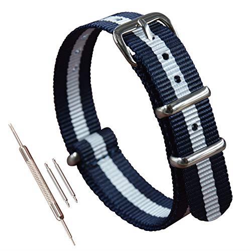MZBUTIQ 12mm ブルー/ホワイト/ブルー レディース 薄型ナイロン腕時計ストラップ 一体型 交換用