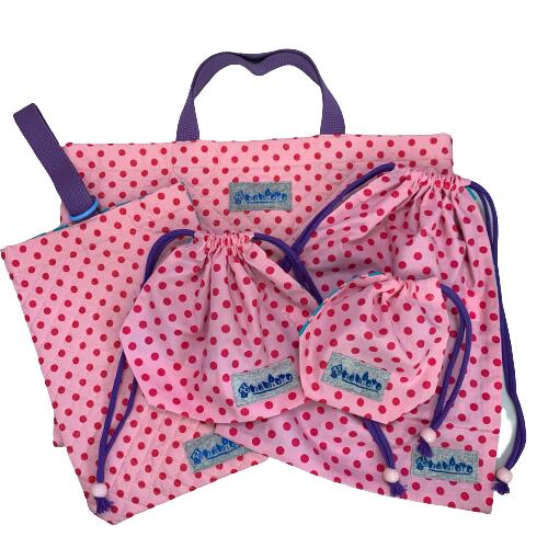入園 入学 5点セット レッスンバッグ シューズバッグ お弁当袋 巾着袋 コップ袋 ドット柄 女の子 小学校 幼稚園 新学期 ピンク 水色 ハンドメイド 日本製 送料無料