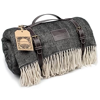 【中古】KOMOREBI 大型 アウトドア 防水 ピクニックブランケット 78インチx59インチ アクリルウールブレンド レザーキャリア 柔らかいヘリンボーン柄 ピ(4)