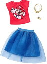 【中古】バービー 人形 洋服 スーパーマリオ プリントシャツ オーバーレイスカート 服 アクセサリーファッションセット
