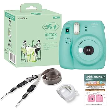 【中古】富士フイルムFUJIFILM インスタントカメラ チェキ instax mini8プラス 接写レンズ・純正ショルダーストラップ ミント 60cmから撮影可能、接写レ