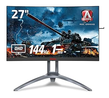 【中古】(良い)AOC ゲーミングモニター AG273QCX/11(27インチ/曲面/144Hz/1ms/HDMI/DisplayPort/フリッカーフリー/FreeSync2/高さ調整/DisplayHDR400)