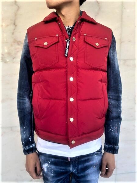 DSQUARED2（ディースクエアード）【NYLON PUFFER WITH DENIM DETAILS VEST】”G-JACKET”モチーフダウンVEST★RED☆