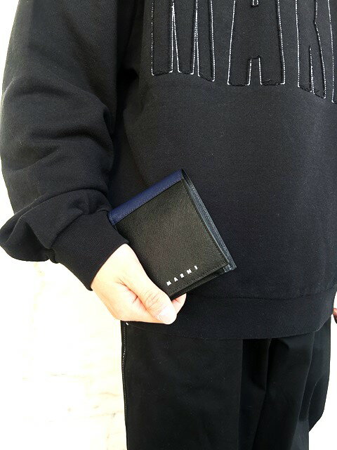 マルニ 財布 メンズ MARNI（マルニ）【SAFFIANO LEATHER ”YEN AND USD” BI-FOLD WALLET W/COIN PURS】バイカラーサフィアーノレザー"￥＆＄”ビルフォールドウォレットウィズコインケース★BLACK×BLUE☆