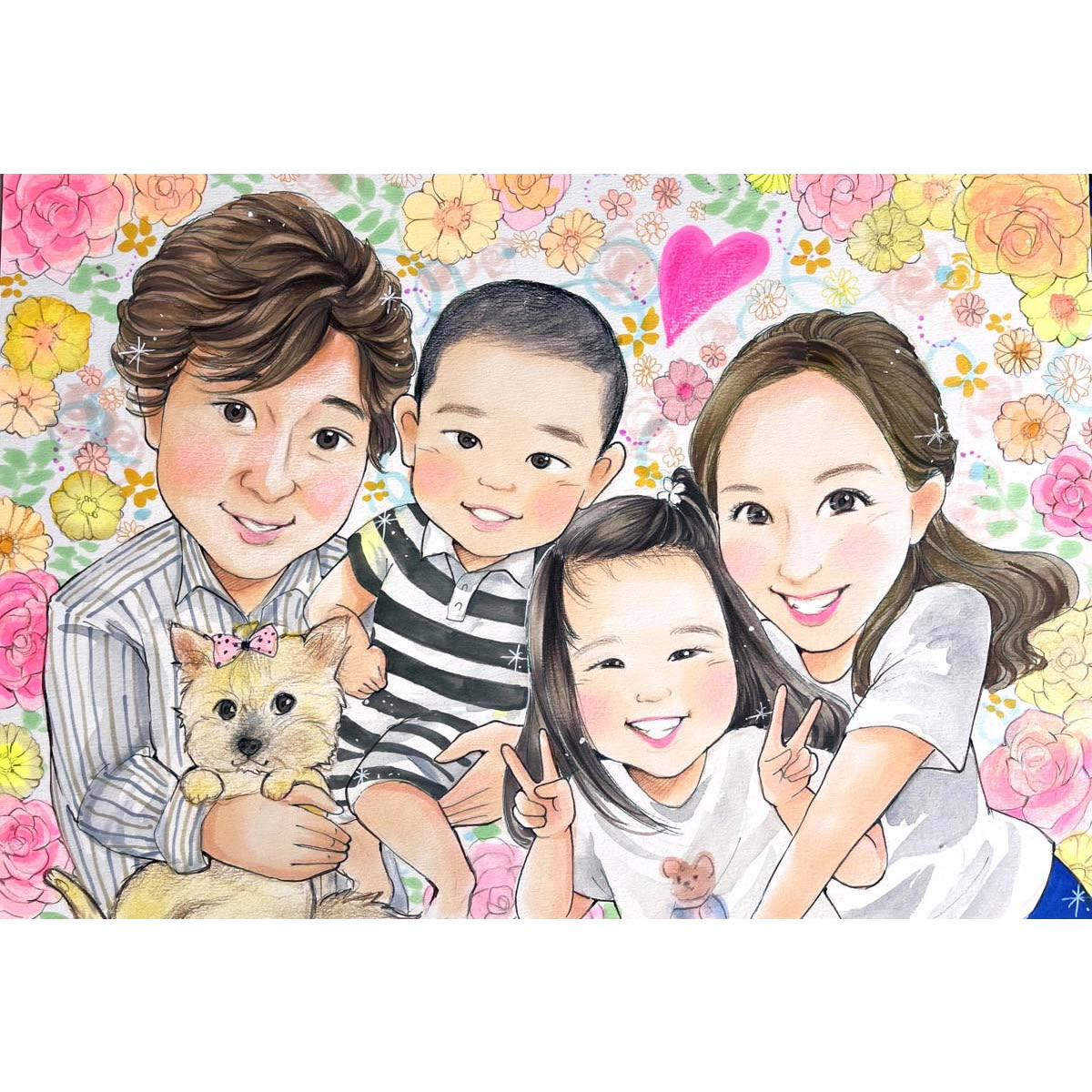 家族写真の代わりになる記念写真風の似顔絵 写真にはないあたたかみのある思い出になります 結婚記念日 誕生日 入学 入園 家族の節目の思い出に あきよ 写真から似...