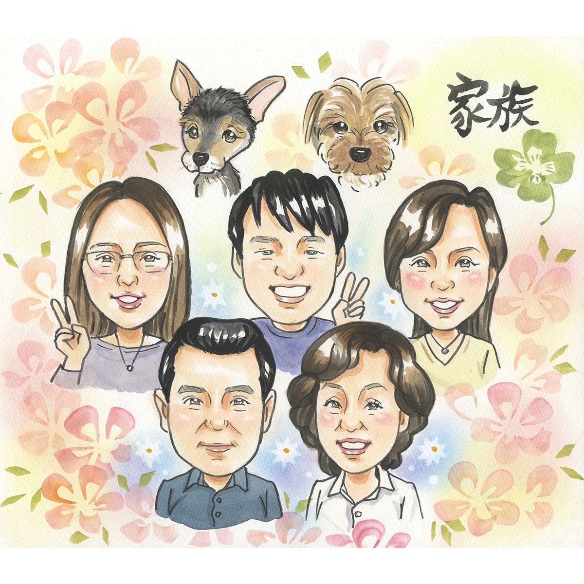 遠くの家族も近くに感じられるとっておきの家族の似顔絵 ペットもOK 家族 ファミリー Famly イラスト プレゼント 故人様も描けます COSMOS 似顔絵 ...