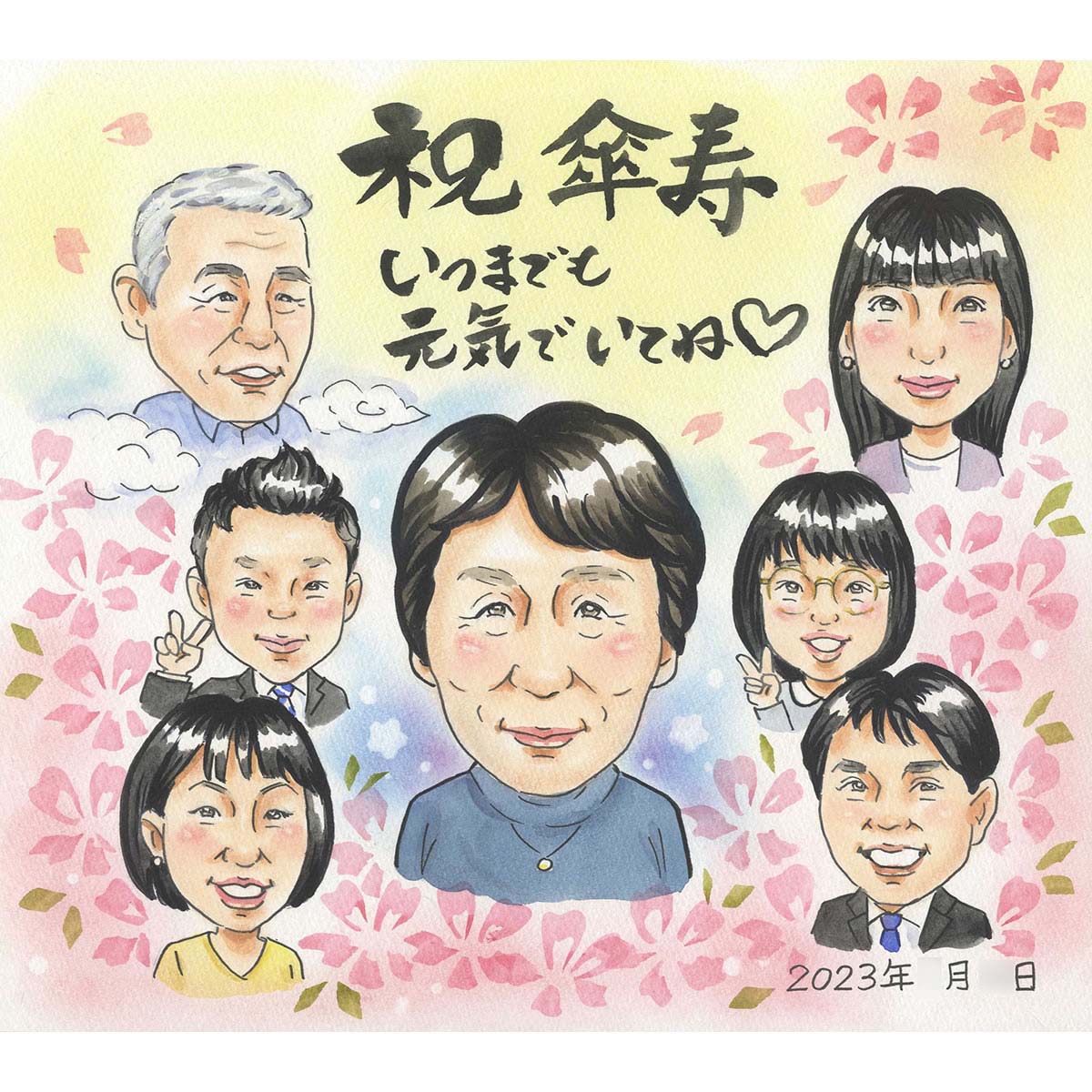 時を超えて家族がそろう 似顔絵ならではの演出 故人様もご家族の皆さまと同じ1枚の絵の中に 懐かしいお顔に思わず涙 傘寿 80歳 結婚式の贈呈品 サンクスボードに...