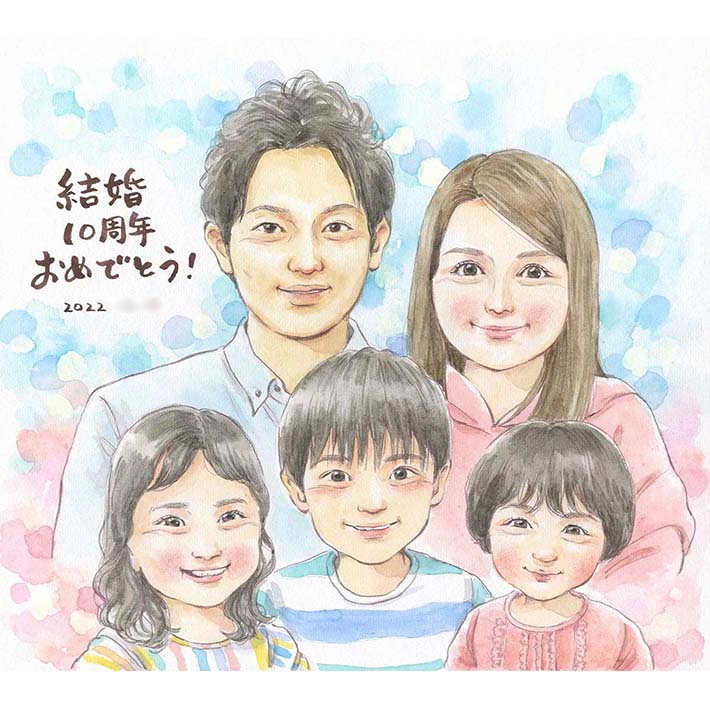 水彩絵の具の爽やかな色彩で描くキラキラ輝く家族の似顔絵。結婚記念日などに。デフォルメしないリアル系似顔絵。結婚祝いや新築祝い、退職祝い、お誕生日などいろいろなテ...