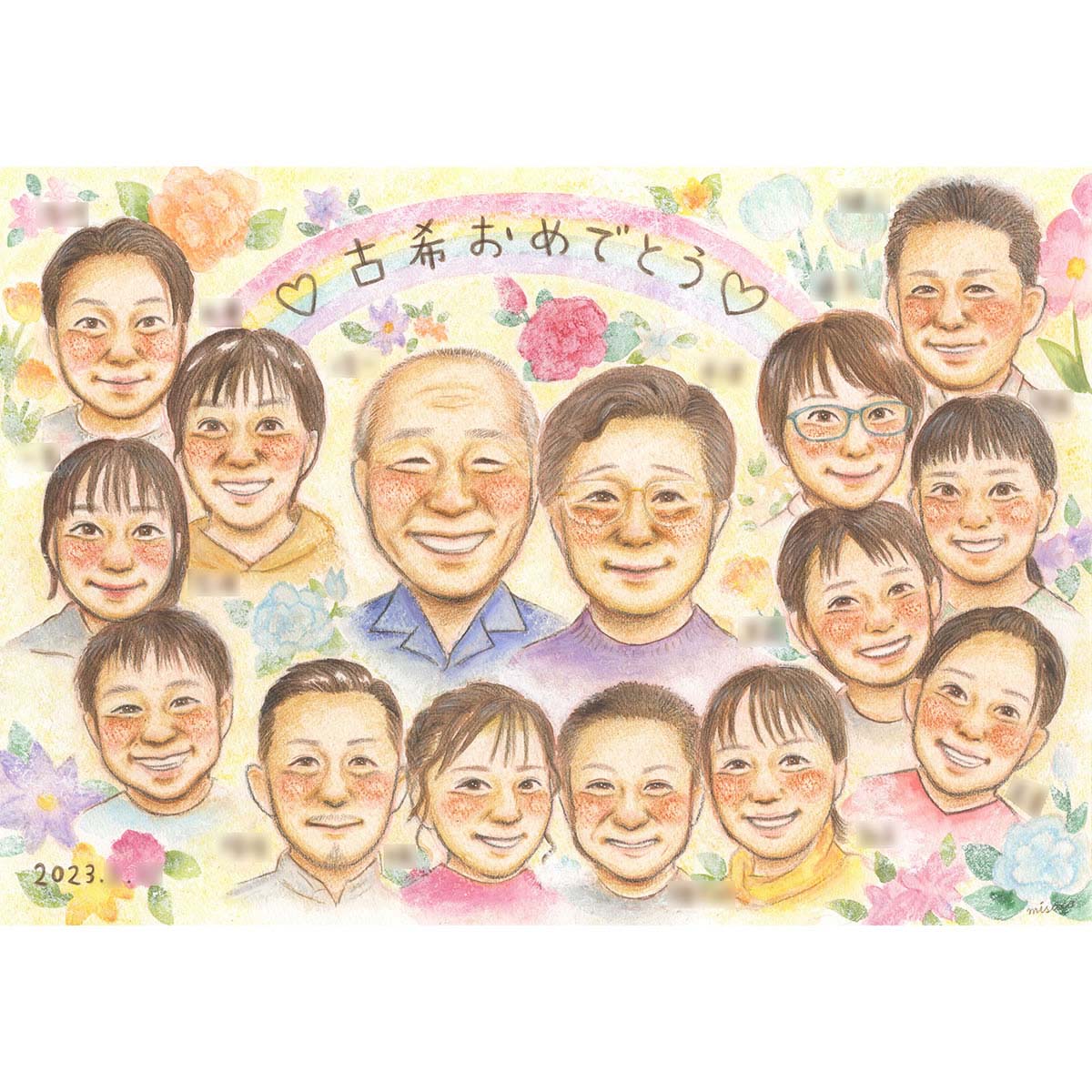 樂天商城 - おじいちゃんもおばあちゃんも思わずニッコリ笑顔になるプレゼント似顔絵です。家族でお祝い 還暦/古希/喜寿/傘寿/米寿/卒寿/白寿/百寿/60歳/70歳/77歳/80歳/88歳/90歳/99歳/100歳 その他【誕生日】や【結婚記念日】【退職のお祝い】【結婚式のサンクスボード】にも MISACO