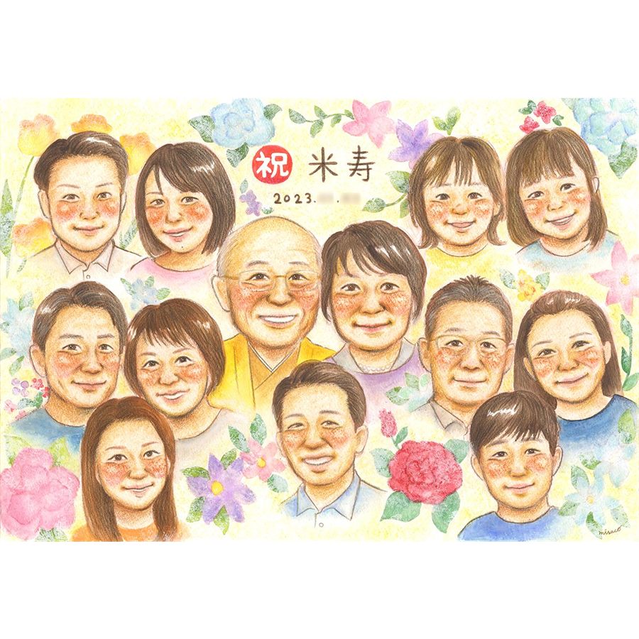 商品情報 用紙 ・色紙（272mm×242mm）　 ・A4サイズ（210×297mm） ・B4サイズ（257×364mm） ・A3サイズ（297×420mm） ※素材は紙。いずれも2mm程度の厚みがあります） 対応人数 ・色紙　8名まで ・A4サイズ　10名まで ・B4サイズ　15名まで ・A3サイズ　25名まで ※ペットも1名として対応可。 各人数ごとの料金は料金表でご確認ください。 無料対応 以下の内容は無料で対応可能です。 ・上半身の描画 ・全身の描画 ・背景の相談 ・服装や髪型の指定や変更 ・下描き確認と修正1回 ・メッセージなどの文字の指定 ・小物の描画（手に持てるもの） ・ポーズの指定 ・人物配置の指定 ・乗り物の描画 オプション対応 以下の内容はオプション対応となります。（料金は税抜） ・下描きと修正2回目以降や下描きの描き直し 2回目以降の修正や、初回の修正でも大幅な描き直しが発生した場合。 　2回目以降の修正　1回につき+2,000円 　お顔全体の描き直し　1名につき+3,000円 　追加のお写真を元に修正　1名につき+3,000円 額縁 色紙サイズ額縁（ホワイト、ピンク）　 +3,300円 A4、B4、A3サイズ額縁（パールホワイト、パールピンク、ナチュラル）　 +3,700円 ラッピング 商品1個につき　+300円 その他 データ化・印刷オプションなど 用途 【似顔絵が喜ばれるイベント一覧】　 記念やお祝い、プレゼントとしてあらゆる場面で喜ばれています。 結婚式　結婚祝い　ウェルカムボード　サンクスボード プロポーズ還暦祝い　古希祝い　喜寿祝い　傘寿祝い　米寿祝い　卒寿祝い　白寿祝い　百寿祝い　長寿祝い　60歳　66歳　70歳　77歳　80歳　88歳　90歳　99歳　100歳　108歳　結婚記念日　結婚10周年　結婚15周年　結婚20周年　結婚25周年　結婚30周年　結婚35周年　結婚40周年　結婚45周年　結婚50周年　結婚55周年　結婚60周年　銀婚式　真珠婚式　珊瑚婚式　ルビー婚式　サファイア婚式　金婚式　エメラルド婚　ダイヤモンド婚　誕生日　誕生記念　出産祝い　出産内祝い　退職祝い 定年祝い　卒業祝い　受章記念　家族の記念　日頃の感謝　初節句　雛祭り こどもの日　七五三　1/2成人式（10歳の誕生日）　入園祝い　入園記念　卒園祝い　卒園記念　入学祝い　卒業記念（小学校、中学校、高校、大学、専門学校、ゼミ、クラス）　引退記念（部活、サークル）　退団、卒団記念（スポーツ少年団、スポ少）　閉校記念　成人式 成人祝い　開店祝い　開業祝い　開院祝い　創業記念　創立記念（学校、会社、病院、お店）　新築祝い　引越し祝い　ペットの似顔絵　ペットロスの癒し　母の日　父の日　敬老の日　バレンタインデー　ホワイトデー　クリスマス　ハロウィン　年賀状　似顔絵名刺　プロフィール用　初任給　引っ越し　同窓会　応援　闘病中の方への励まし　快気祝い　お祝い返し　ウェディングギフト　ブライダルギフト　二次会　披露宴　プレゼント　ギフト　贈答品　メモリアルギフト　オーダーメイド　大量注文 似顔絵のプレゼントが喜ばれるお相手 両親　祖父母　家族　孫から祖父母　奥様　旦那様　親戚　友達　友人　彼氏から彼女　彼女から彼氏　会社の同僚　社員から会社の上司　社長　取引先　コーチ　監督から卒業生　後輩から先輩　仲間同士で　保護者から仲間達に　保護者から生徒　保護者から先生　先生から生徒　生徒から先生　卒業生から先生　卒業生から監督　コーチ　家族から新郎新婦　友達から新郎新婦　会社の同僚から新郎新婦　新郎新婦から両親　新郎新婦から祖父母　新郎新婦から友人　趣味の仲間　来日する海外の友達　施設から入居者　男性から女性　女性から男性　その他