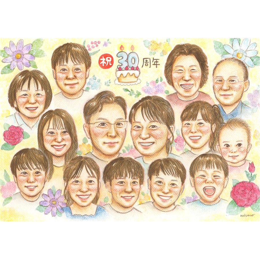 Rakuten - 結婚記念日 ギフト 似顔絵 手描き 名入れ プレゼント 贈り物 結婚30周年 お祝い 記念 真珠婚 大人数 家族 ご夫婦 ご両親 名入れ 修正無料 下書き確認 実績多数 そっくり 宝物 似てる 真珠婚 一生もの 30周年 感謝 宝物 感激 古希祝い お祝い返し 同窓会 披露宴