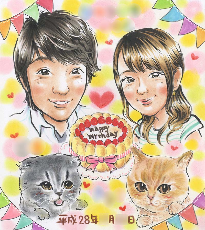 似顔絵ケーキ カップルのお誕生日似顔絵 似顔絵プレゼント 送料無料 誕生日 ペット 猫 お祝い ガーラント ケーキ ウェルカムボード サンクスボード 結婚記念日 金婚 銀婚 還暦 古希 喜寿 傘寿 米寿 卒寿 白寿 敬老 長寿 母の日 父の日 両親 卒業 出産 退職 送別 上司 友人 記念 ぽん太