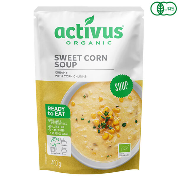 【ポイント2倍！】イーグルス勝利！activus オーガニックコーンスープ 400g EU有機認証 ヴィーガン グルテンフリー 化学調味料不使用 保存料不使用 着色料不使用 リトアニア 2hanfrenz-10034461 通販フレンズ パッケージ画像