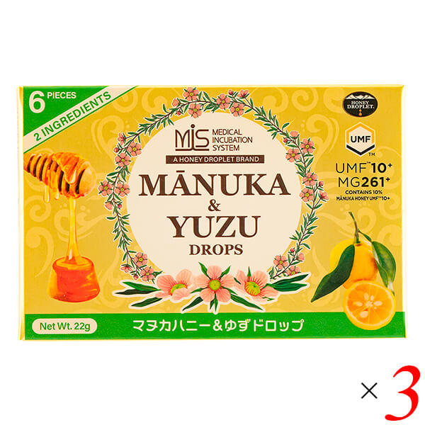 【お買い物マラソン！ポイント6倍！】マヌカハニー のど飴 はちみつ マヌカハニー＆ゆずドロップ 22g(6粒) 3個セット 送料無料