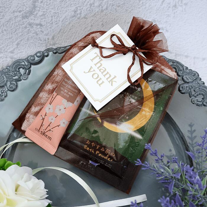 眠りに導くために調香されたアロマの香りの入浴剤入り巾着ギフト_ねむね入浴剤&千鳥格子ハンカチ&パフュームハンドエッセンスのセットbec_お礼_ギフト_プレゼント...