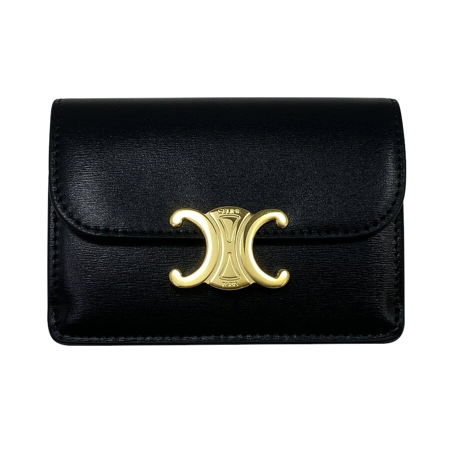 セリーヌ CELINE トリオンフフラップ付きカードホルダー シャイニーカーフスキン ブラック ゴールド金具 メタルトリオンフ コインケース カードホルダー カードケース 名刺入れ 10I583DPV.38NO