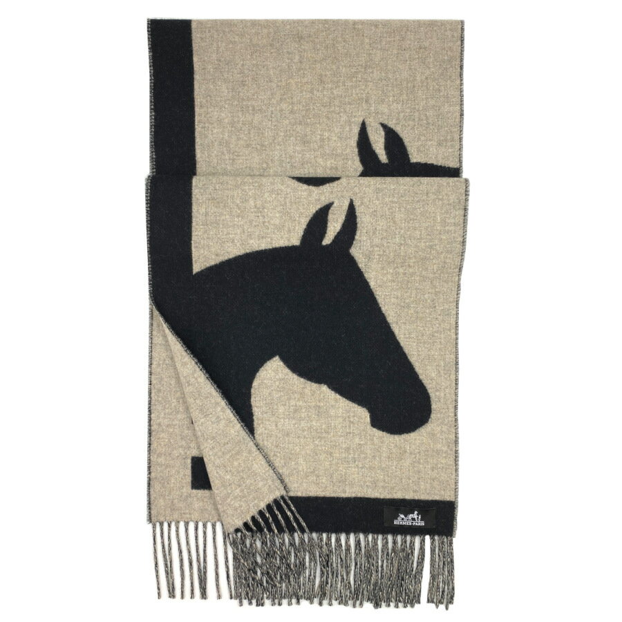 【新品】HERMES エルメス マフラー《ラブストーリー》黒 ブラック ベージュ・シネ 馬 動物 プレゼント ギフト レディース 女性用 H254043S 01のサムネイル