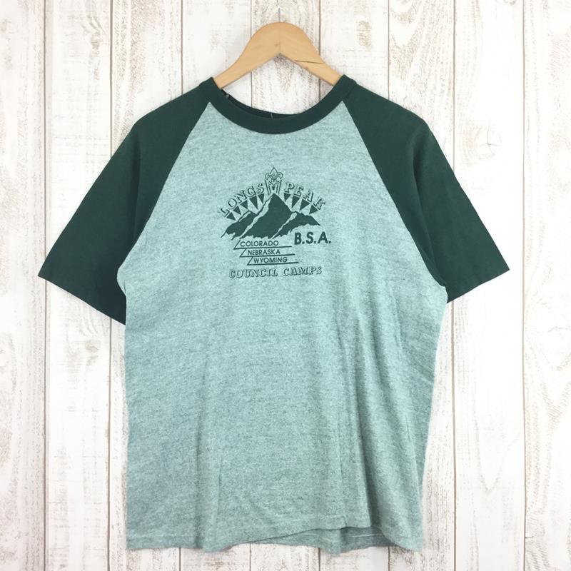 ロッキーマウンテンナショナルパークに存在する山【ロングズピーク】のTシャツです。80年代のビンテージです。VELVA SHEENボディを使用。■生産国：アメリカ■生産時期：1980年代 ■組成：#ポリエステル50%/#コットン38%/#レーヨン12%■カラー： グリーン系■サイズ：MEN's XL■サイズ備考：■実測値・身幅：52cm・裾幅：49cm・着丈：43cm・ゆき丈：48cm・重量：166g※全て外寸です。また、手作業による採寸・簡易計測ですので誤差はご容赦下さい。■総合状態評価：6 若干の使用感あり （10段階） ※※総合状態評価基準（当店スタッフの主観によるものであり、あくまで参考です。）10 新品・未使用9 新品・未使用：アウトレット・難あり8 中古：新品同様7 中古：使用感少ない美品6 中古：若干の使用感あり5 中古：使用感あり（通常の中古）4 中古：著しい使用感あり3 中古：非常に著しい使用感あり2 中古：機能上の問題あり1 ジャンク：致命的な問題あり・使用感：並（無/微/小/並/中/大/極） ※・汚れ：無（無/微/小/並/中/大/極） ※・傷：小（無/微/小/並/中/大/極） ※全体的に多少のスレ・毛玉・褪色：無（無/微/小/並/中/大/極） ※・臭い：無（無/微/小/並/中/大/極） ※・経年劣化：無（無/微/小/並/中/大/極） ※■社内管理項目・商品コード：z00015952・受入担当者：・査定担当者：・撮影担当者：W005・出品担当者：W000#その他 #SONOTA #MENs #XLサイズ C00_トップス C01_シャツ C02_襟なし C03_プルオーバー C04_半袖 #ポリエステル #コットン #レーヨン