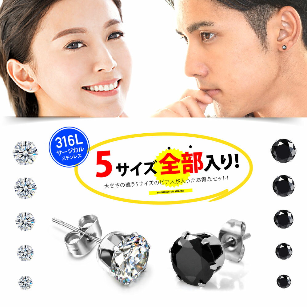 ステンレス アクセサリー メンズ レディース 5サイズピアスセット spi00725サイズ全部入り！ステンレスピアス！ [ ステンレス キュービックジルコニア ジルコニア ]