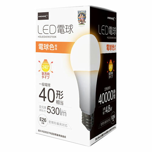 HIDISC LED電球(一般電球40形相当) 電球色 HDLED40W2700K