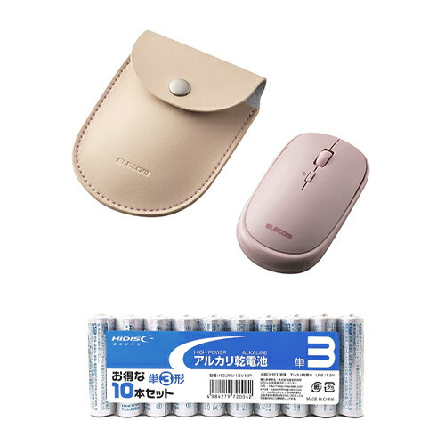 エレコム BlueLEDマウス/薄型/Bluetooth対応/4ボタン/ポーチ付/ピンク + アルカリ乾電池 単3形10本パックセット M-TM10BBPN+HDLR6/1.5V10P