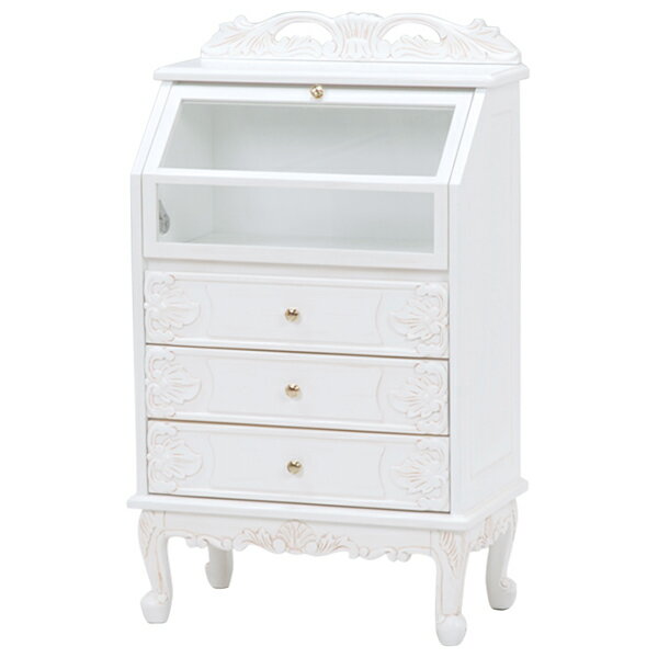 送料無料 ディスプレイラック 猫脚 ネコ脚 幅60cm 北欧 ガラスキャビネット プリンセス 飾り棚 リビングボード 電話台 FAX台 ファックス台 チェスト コレクションラック 引き出し 白家具 姫系 クラシック 高級感 おしゃれ アンティークホワイト 白 かわいい RCC-1797AW [2]