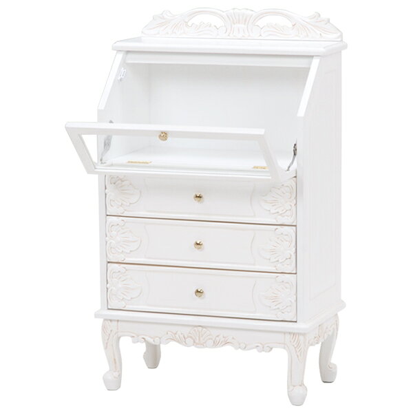 送料無料 ディスプレイラック 猫脚 ネコ脚 幅60cm 北欧 ガラスキャビネット プリンセス 飾り棚 リビングボード 電話台 FAX台 ファックス台 チェスト コレクションラック 引き出し 白家具 姫系 クラシック 高級感 おしゃれ アンティークホワイト 白 かわいい RCC-1797AW [3]