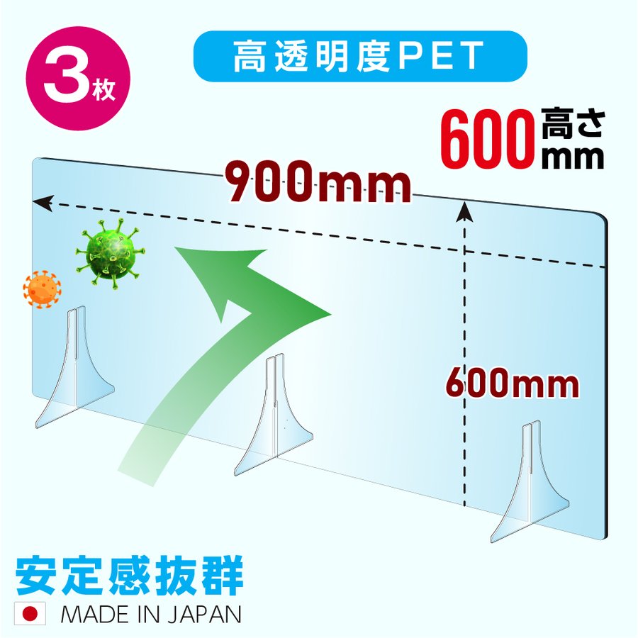 [3枚セット][日本製] 透明PETパーテーション W900×H600mm 特大足付き 衝突防止 飛沫防止 デスクパーテーション 仕切り板 ウイルス対策 衝立 飲食店 オフィス 学校 病院 薬局 角丸加工 fpet-9060-3set