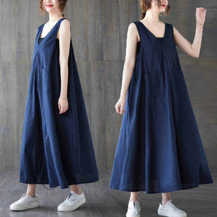 ジャンパースカート サロペット ワンピース ロング 春 夏 レディース 体型カバー おしゃれ ゆったり 無地 Aライン レトロ フレア ポケット付 ノースリーブ Vネック レイヤード カジュアル フェミニン フォーマル 大きいサイズ 重ね着 スタイルアップ 20代 30代 40代