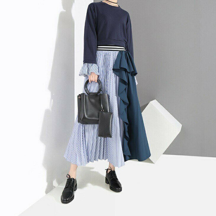 樂天商城 - スカート プリーツ フリル 変形 アシンメトリー レディース フリーサイズ ゴムウエスト ミモレ丈 春 夏 フレア Aライン 大人 ブルー フォーマル オフィス カジュアル ボトムス 上品 きれいめ ミディアム ロング デート 春スカート