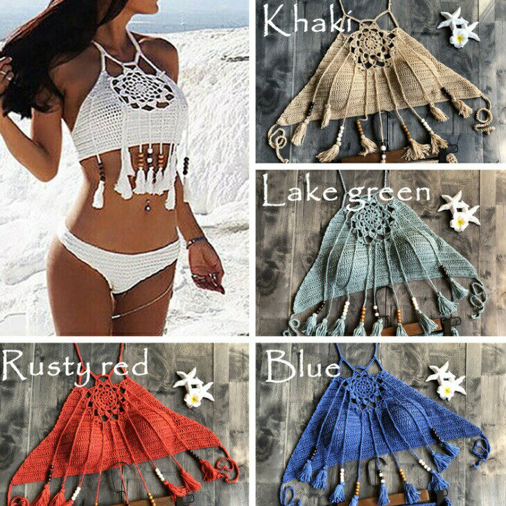 水着 レディース ビキニ ホルターネック 無地 黒 白 レッド ブルー ライトブルー カーキ セクシー 編み 透け バスト 盛れる タンキニ タッセル 体型カバー デザイン 女性水着 大人 可愛い プール 海 スイムウエア リゾートのサムネイル