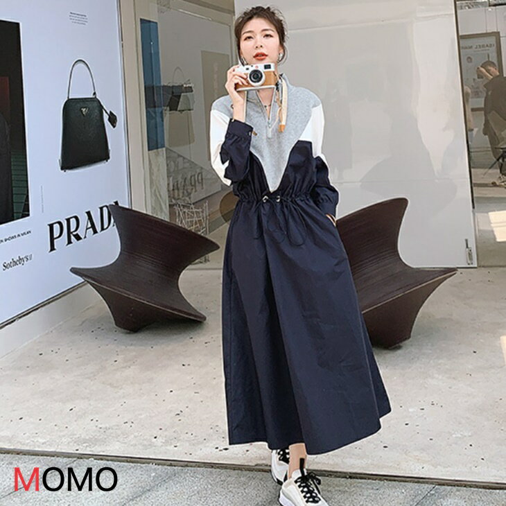 樂天商城 - ワンピース 春 夏 長袖 ふんわり ミモレ丈 きれいめ 大きいサイズ ロング レディース 可愛い ゆったり 体型カバー シンプル 袖あり 長袖 無地 通勤 デート ホワイト ネイビー バイカラー カジュアル お出かけ ミモレワンピ