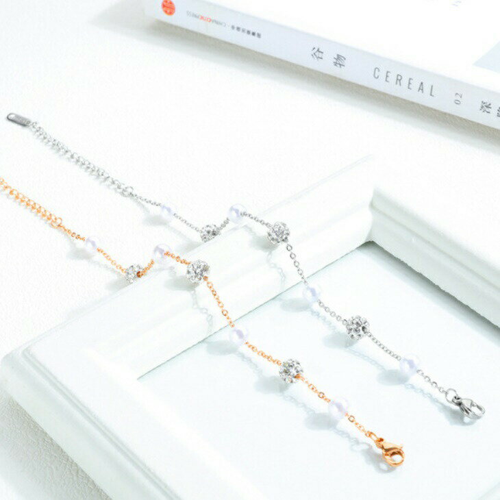 Diamond - パール ビジュー チェーン 鎖 ピンクゴールド 金 シルバー 銀 デザイン 華奢見え バングル ブレスレット 大人 上品 エレガント 華奢 アクセサリー ジュエリー レディース お出かけ オフィス OL ins 韓国 ママ ママファッション ガール